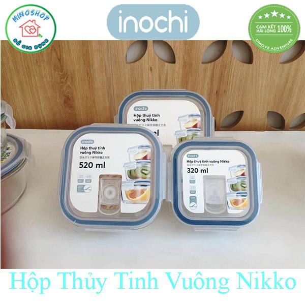 [3 Size] Hộp Đựng Thực Phẩm Thủy Tinh Vuông Nikko, Hộp Bảo Quản Thực Phẩm Vuông Inochi Cao Cấp