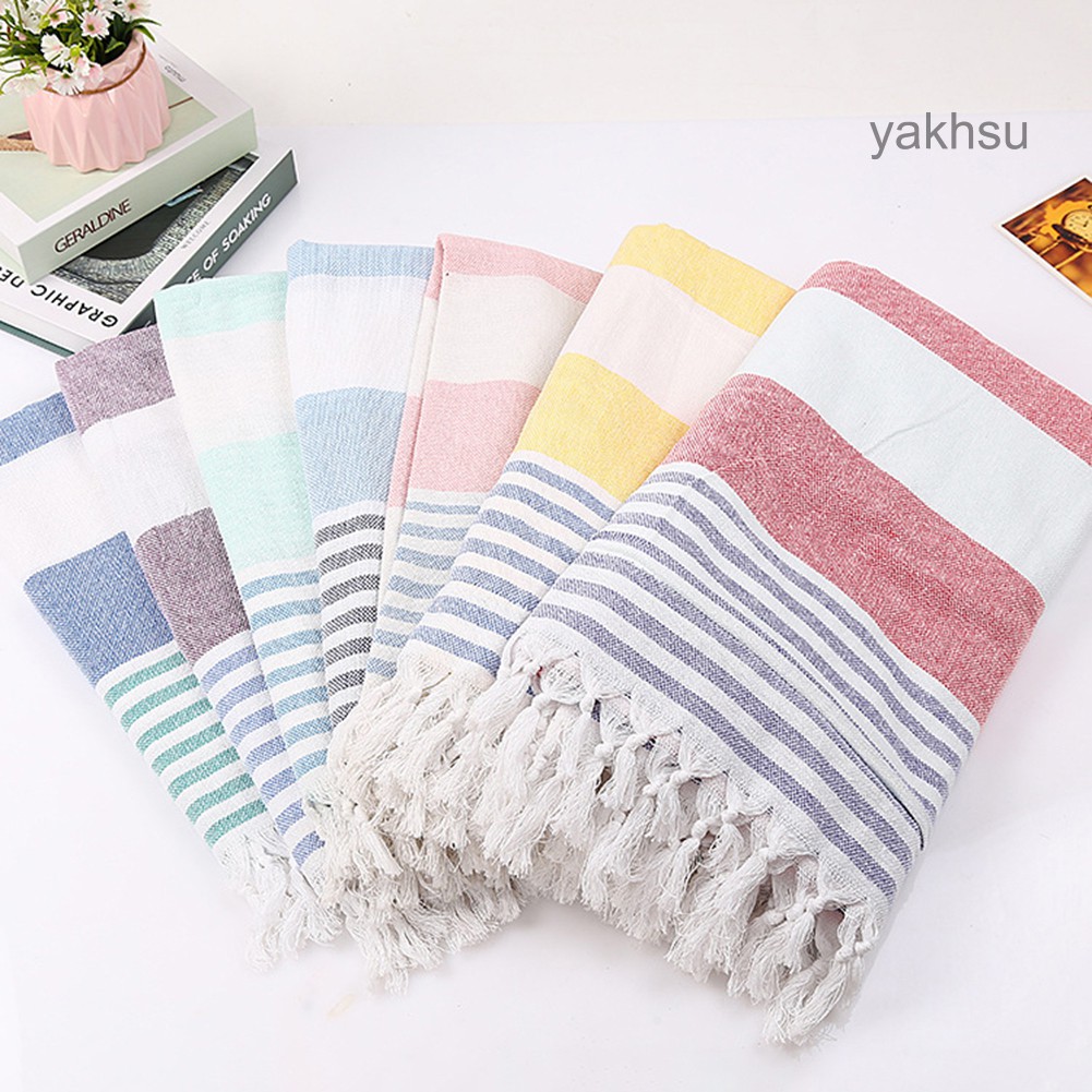 Thảm Tập Yoga Vải Cotton Thoáng Khí Họa Tiết Kẻ Sọc Phối Tua Rua Tiện Dụng