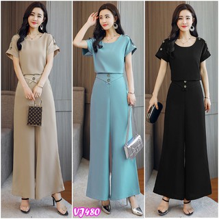 Set nguyên bộ quần ống suông áo tay con đính nút