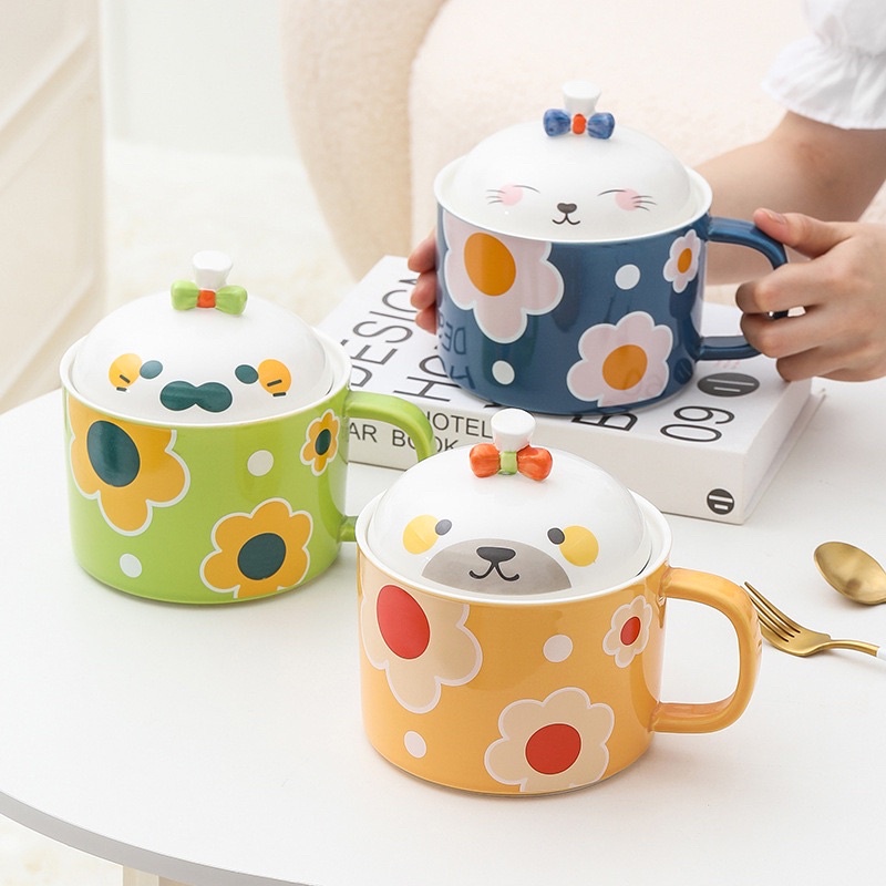 Tô sứ có nắp ngộ nghĩnh, bát ăn mì có quai, chén sứ cỡ lớn đựng canh, súp, mì siêu tiện lợi