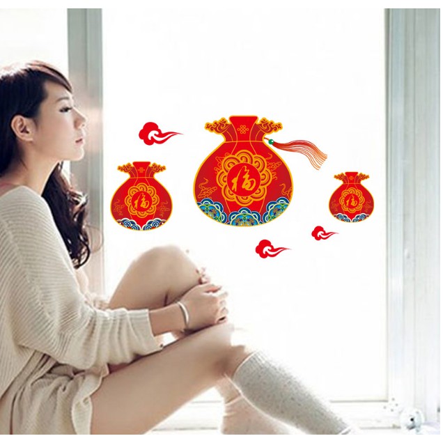 Decal trang trí Tết - Tứi lớn 3 cái đỏ