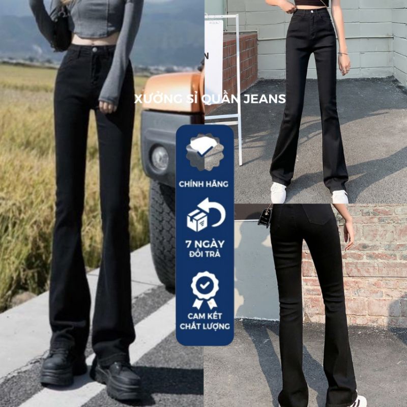 Quần jeans loe cạp cao phom dài may gấu chất bò dãn hack chân | BigBuy360 - bigbuy360.vn