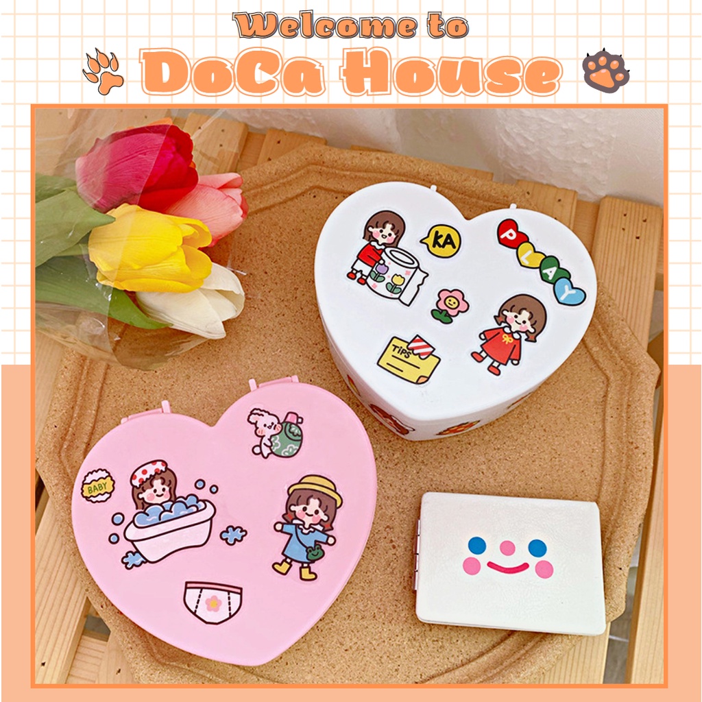 Hộp đựng đồ DOCA nhiều ngăn, hộp trái tim đựng nữ trang kẹp tóc 2 tầng có gương soi dễ thương (tặng sticker)