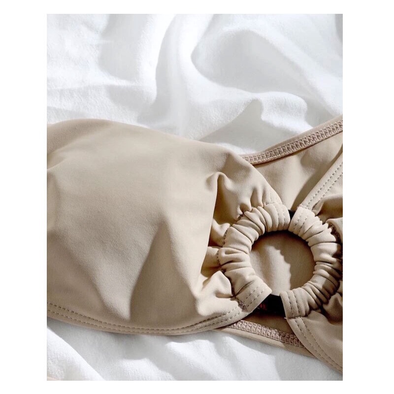 Bikini lệch vai phối khoen xám nude