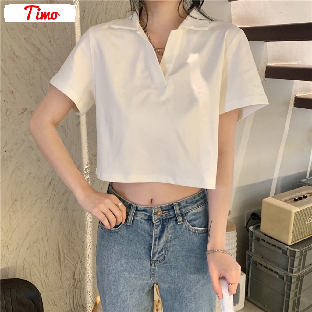 Áo croptop nữ ,Áo croptop, tay ngắn có cổ kiểu polo thời trang đẹp form rộng sexy cá tính thể thao màu trắng đen ACN002 | BigBuy360 - bigbuy360.vn