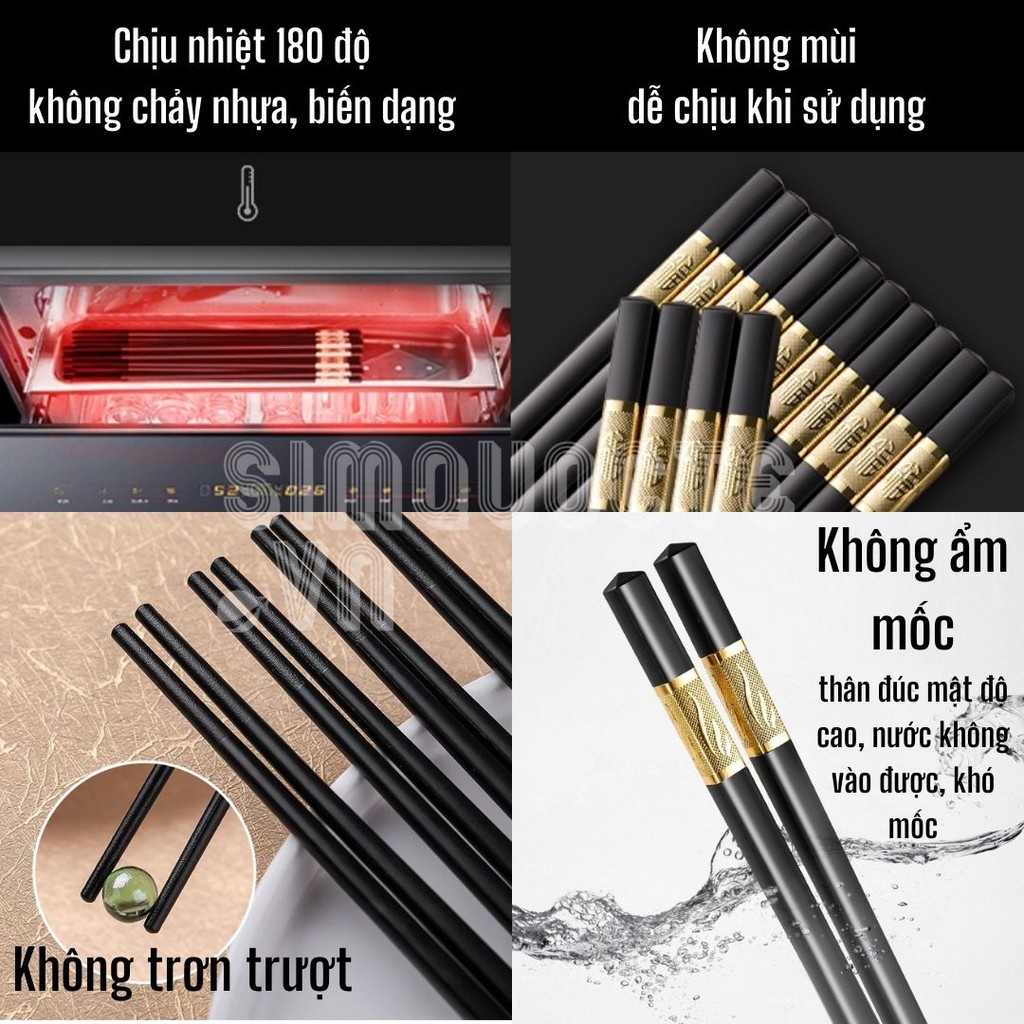 Đũa Khảm Hoạ Tiết Vàng- Bộ 10 Đôi Sang Trọng Không ẩm Mốc Không Trơn Trượt