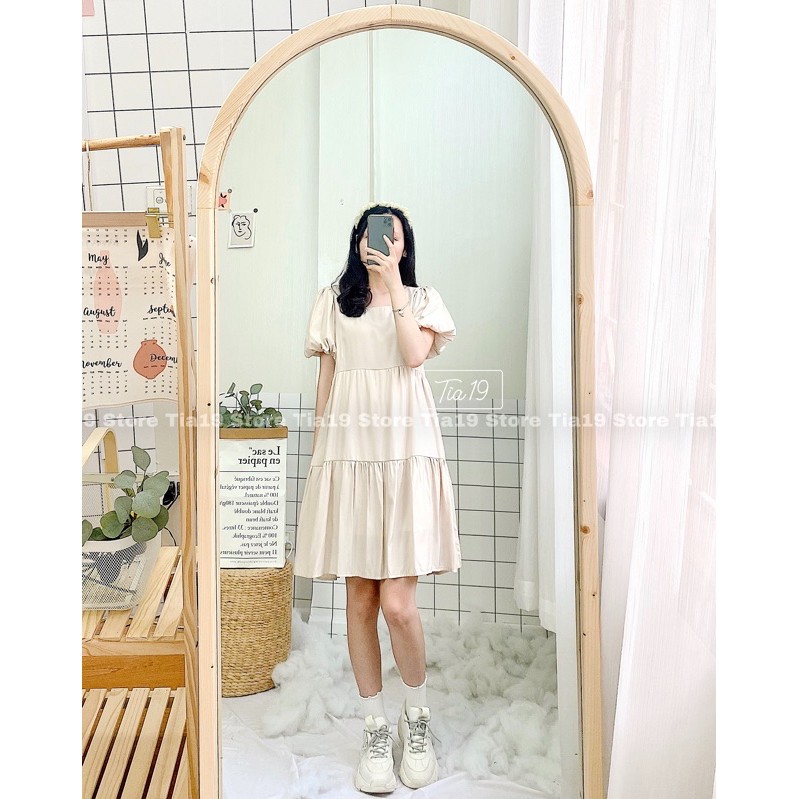 Váy babydoll cổ vuông 3 màu. Đầm tay bồng dáng xoè ulzzang ( Ảnh thật Tia19 chụp)