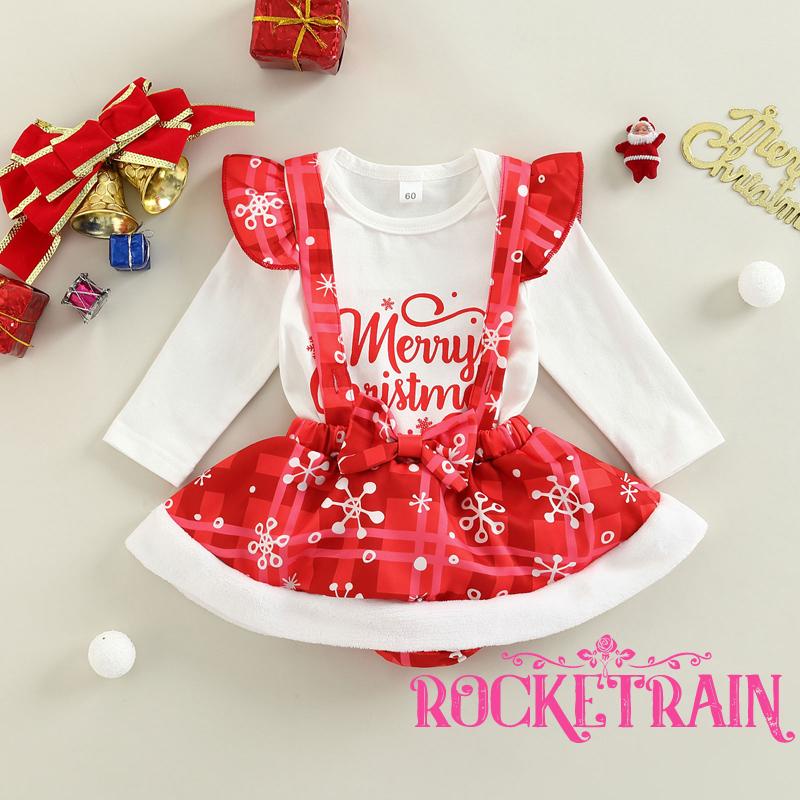 Set Áo Dài Tay Cổ Tròn Liền Quần Lót + Đầm Yếm Họa Tiết Giáng Sinh Cho Bé Gái