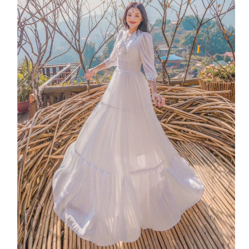 Sẵn Váy Maxi Vintage boho Tay Phồng Chụp Ảnh Cưới , Váy Sống Ảo SAVVY Dress DD01750