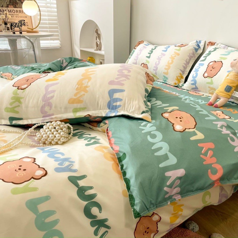 Bộ chăn ga gối Cotton Poly hoạ tiết hoạt hình động vật đáng yêu gấu khủng long thỏ MÂY BEDDING đủ kích thước nệm
