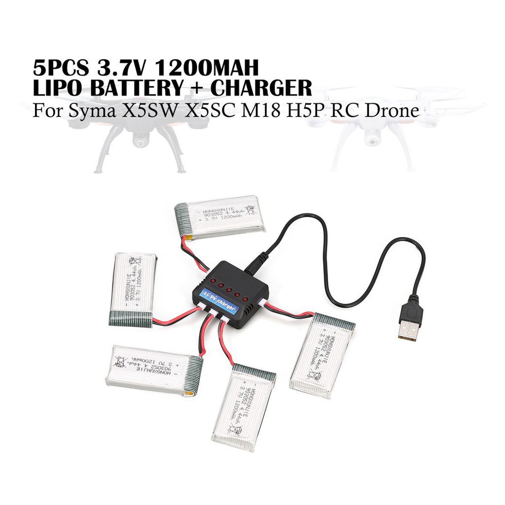 【điều khiển từ xa8/5】5Pcs 3.7V 1200mAh Lipo Battery + Charger for Syma X5SW X5SC M18 H5P RC Drone