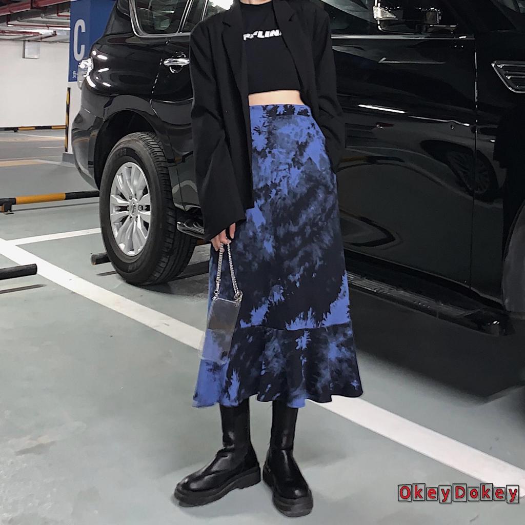 OKDK-Women Fashion Tie-dye Skirt Ladies Female Stylish Ruffle Hem Skirt