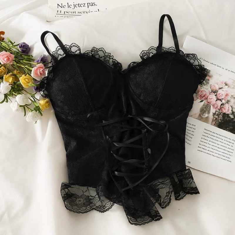 Áo dây dáng corset ren thắt nơ lụa bèo nhún ôm tôn dáng sexy phong cách lolita có đệm mút