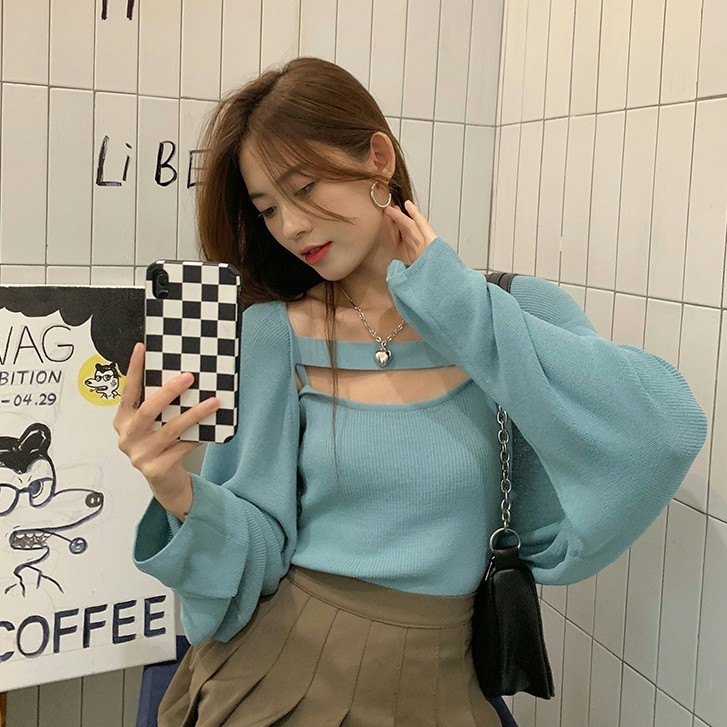 QADCOL Set Áo Dệt Kim Tay Dài Và Áo Hai Dây Thời Trang Cho Nữ