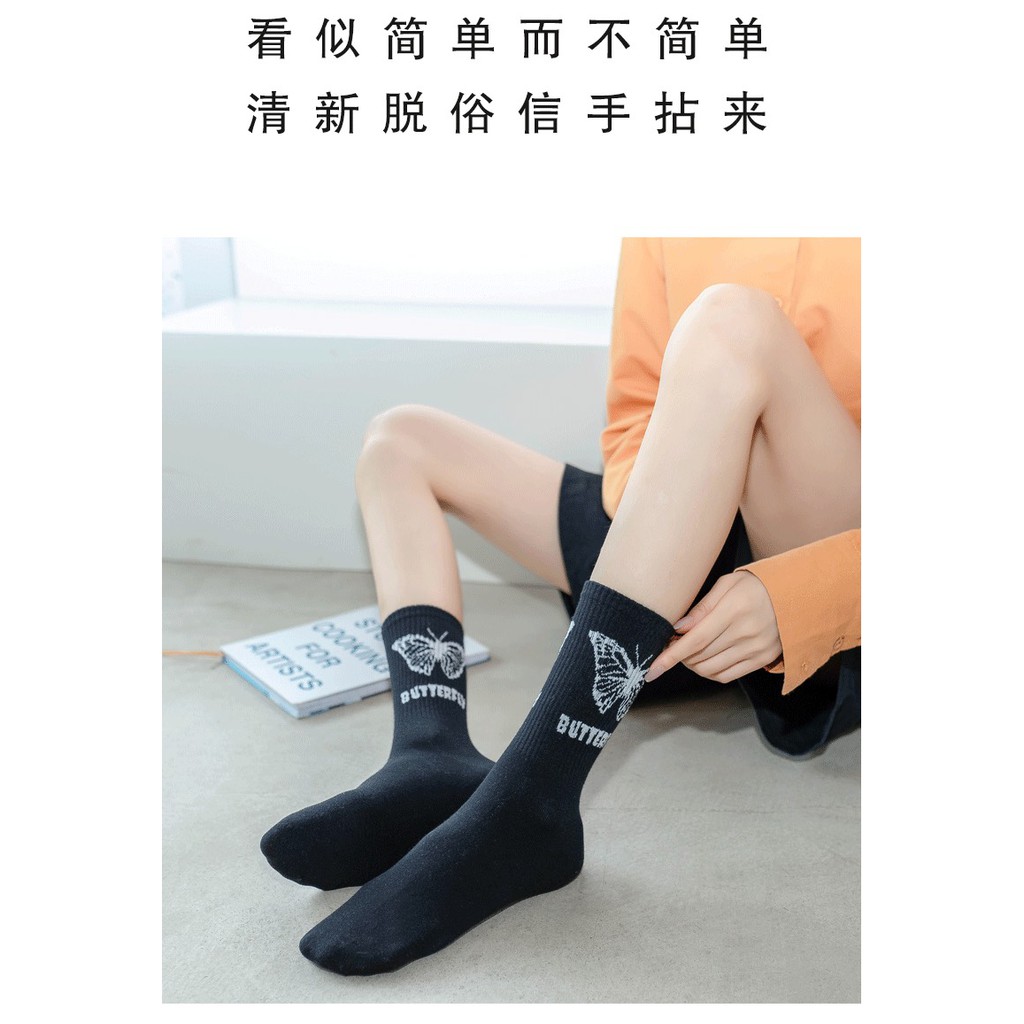 Tất cổ cao Vacone vớ unisex trắng đen họa tiết butterfly cực chất TN38