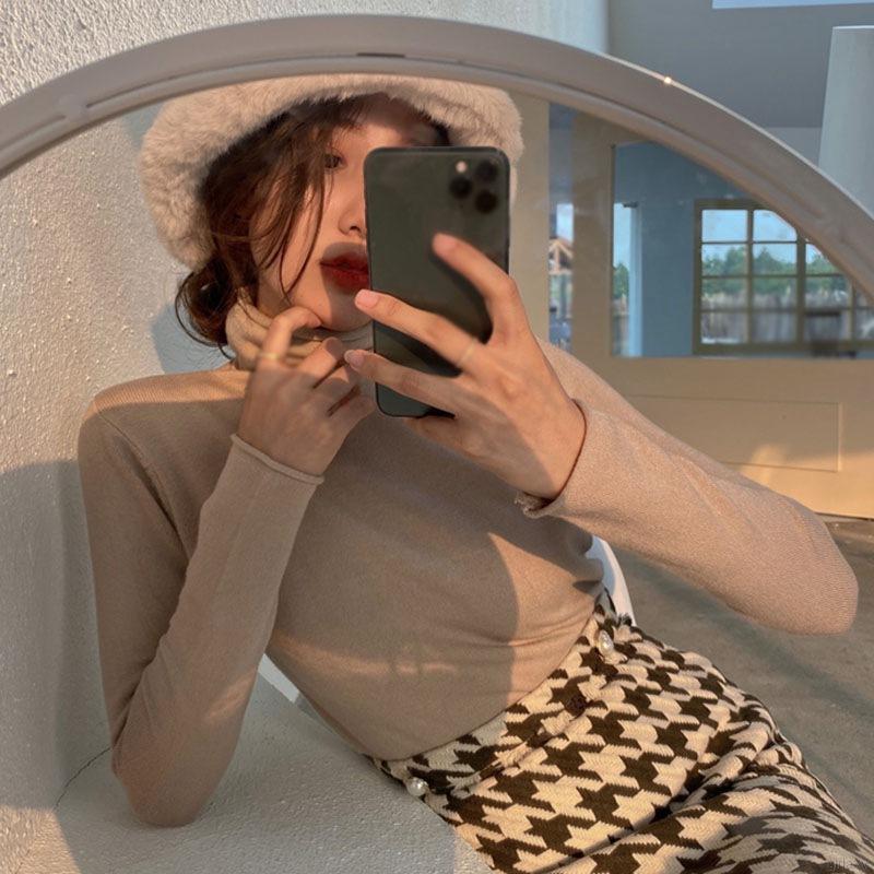 Áo Len Tay Dài Cổ Lọ Màu Trơn Phong Cách Hàn Quốc