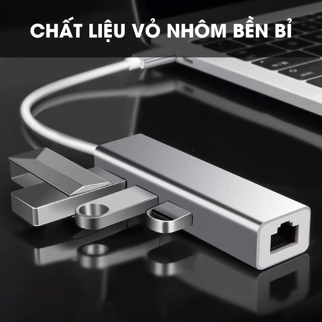 Hub USB Type C kết nối mạng Lan RJ45, Hub chia ra 3 cổng USB 3.0  mở rộng kết nối chuyển đổi cho laptop, PC tốc độ cao
