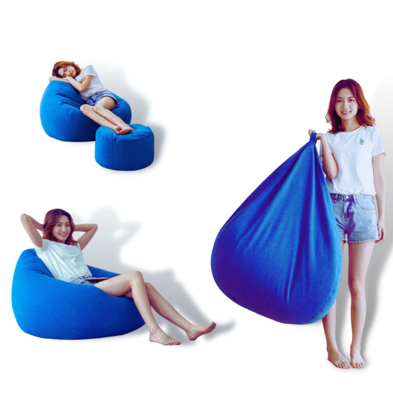 Ghế Lười Hạt Xốp 3ii Home Hình Trái Lê Size L 100x120cm Màu Xanh Dương Vải Nhung Gân Cao Cấp