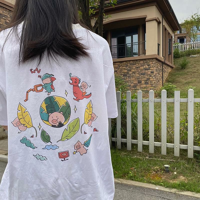 Áo Thun Tay Ngắn 100% Cotton Form Rộng Unisex Ulzzang Công Viên Heo Con Cute