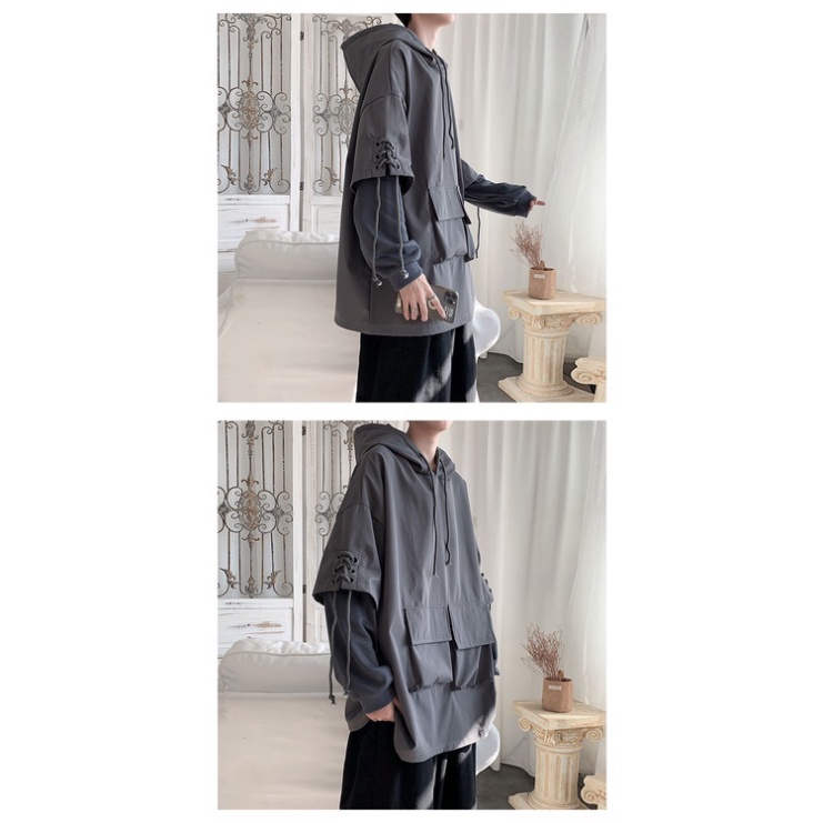 Áo hoodie tay nối đan dây full đen túi hộp unisex nam nữ hip hop Châu Âu