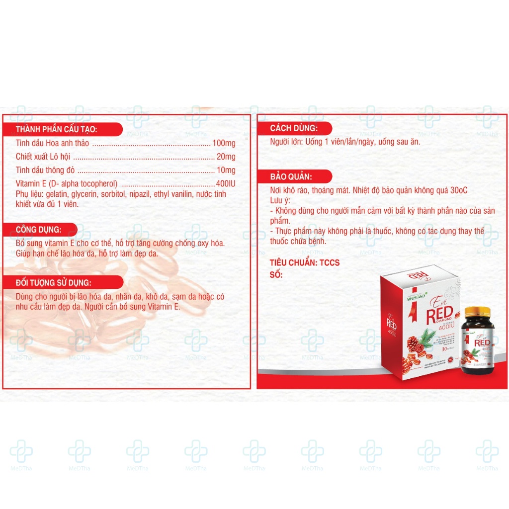 Vitamin E đỏ - Chống lão hóa, làm đẹp da, trắng da, Evired Diamond 400IU nguyên liệu nhập khẩu Đức (30 viên)