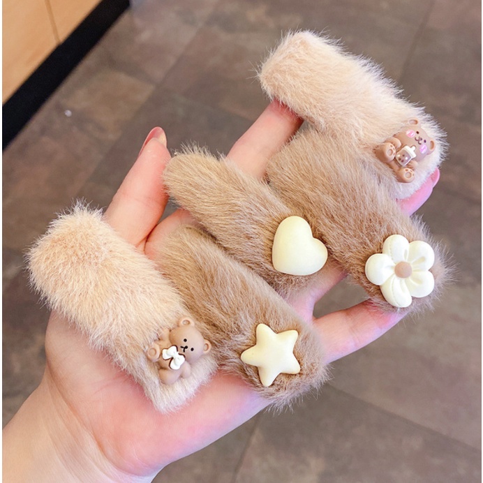 bộ combo set 2 chiếc cặp tóc lôngmàu vintage họa tiết xinh xắn dễ thương phong cách Hàn Quốc