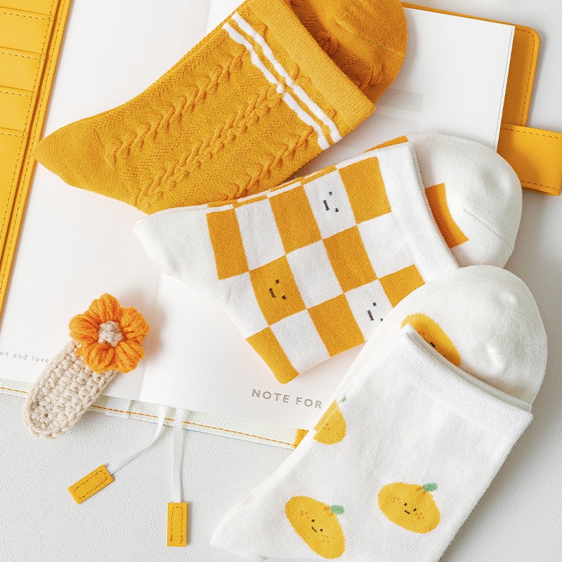 Tất vớ nam nữ cổ cao sọc ca rô tone trắng cam họa tiết mặt không cảm xúc chất Cotton mịn thoáng khí dễ phối đồ TD044