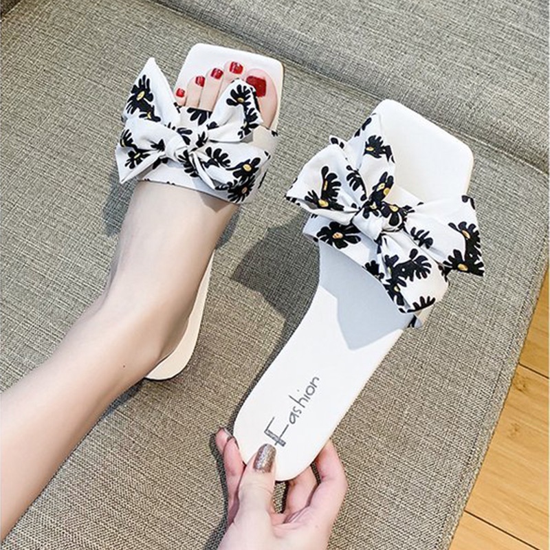 Big Size 35-42 Dép Sandal nữ đế bằng quai ngang đính nơ thời trang