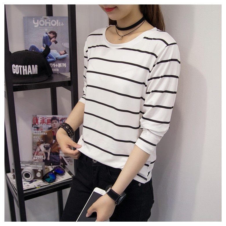 New black and white striped long-sleeved t-shirt loose T-shirt