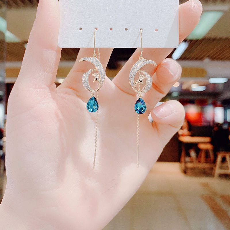 Khuyên Tai Dáng Dài Đính Hình Phượng Hoàng Xanh Phối Tua Rua Thời Trang Cao Cấp Phong Cách Hàn Quốc