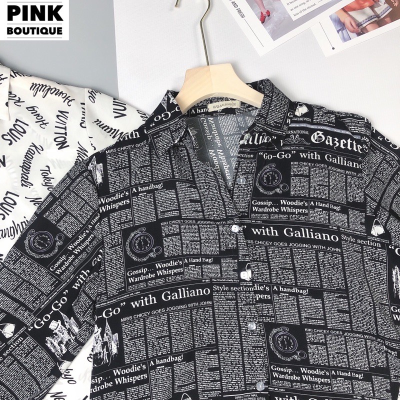 Áo Sơ Mi Cổ Đức Dáng Xuông Big Size Họa Tiết Chữ PINKBOUTIQUE