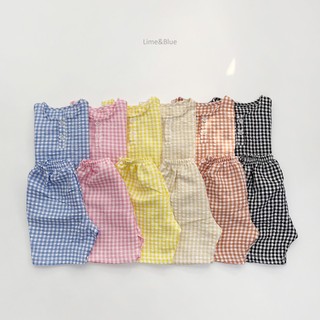 Bộ kẻ khuy nội địa Hàn Quốc Lime & Blue