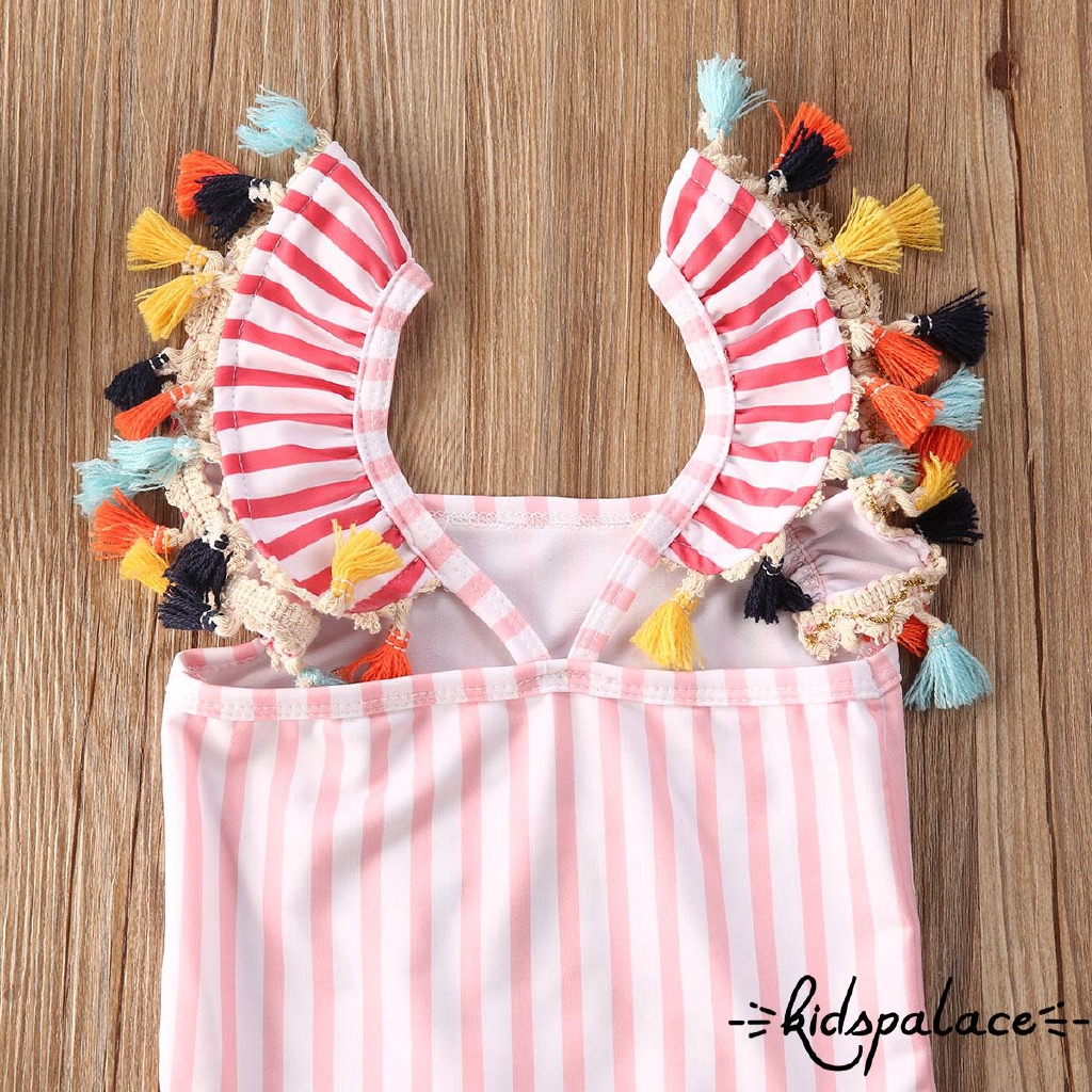 ➤♕❀❤Baby Girls Striped Sleeveless Tassel Ruffle Cartoon Cute Mermaid Pattern Bathing Suit