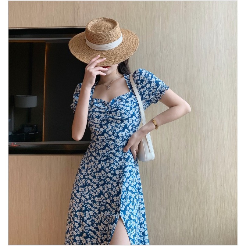 Váy đẹp💕FREESHIP💕Váy hoa nhí dáng dài cổ vuông xẻ tà xinh xắn