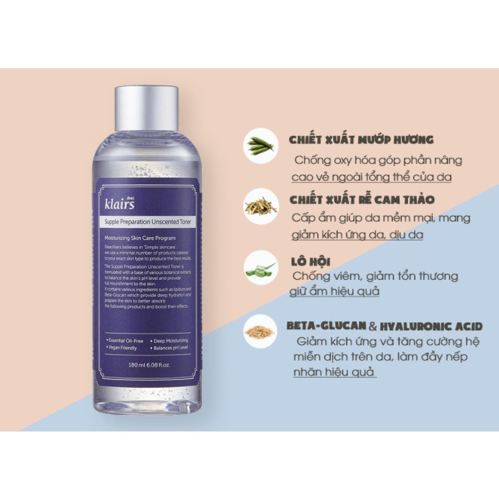 Nước Hoa Hồng Klairs Supple Preparation Unscented Toner Không Mùi