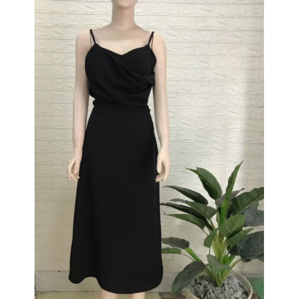 Đầm dáng xòe lụa 2 dây cổ đổ siêu xinh, váy maxi xẻ tà 1 bên tôn dáng - DTH