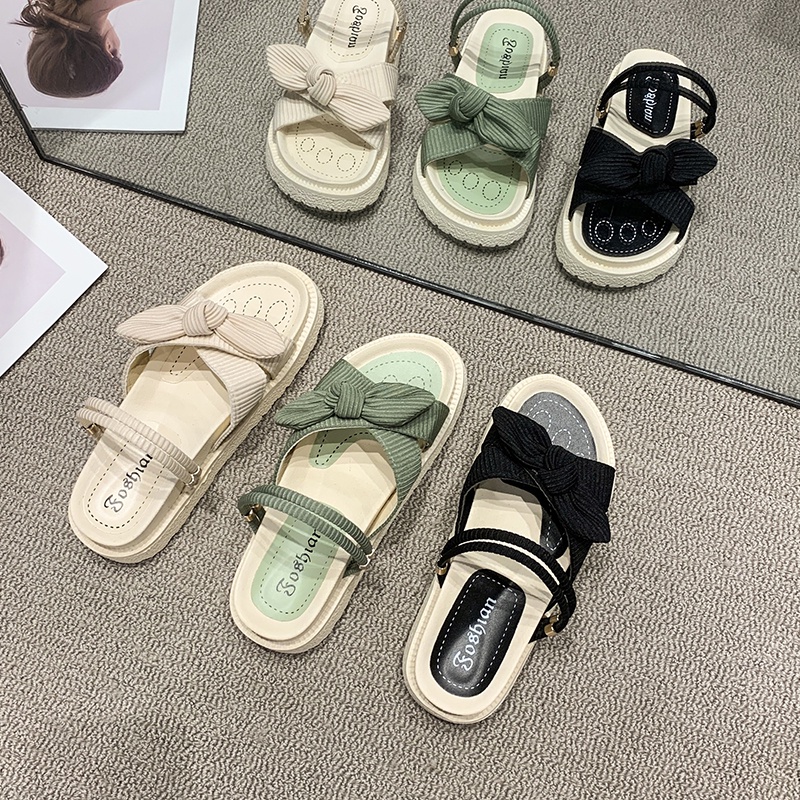 Tikp Hàng Mới~2022Cho Nữ Giày Sandal Roman Đế Dày Đính Nơ 3 Màu Size 35-40