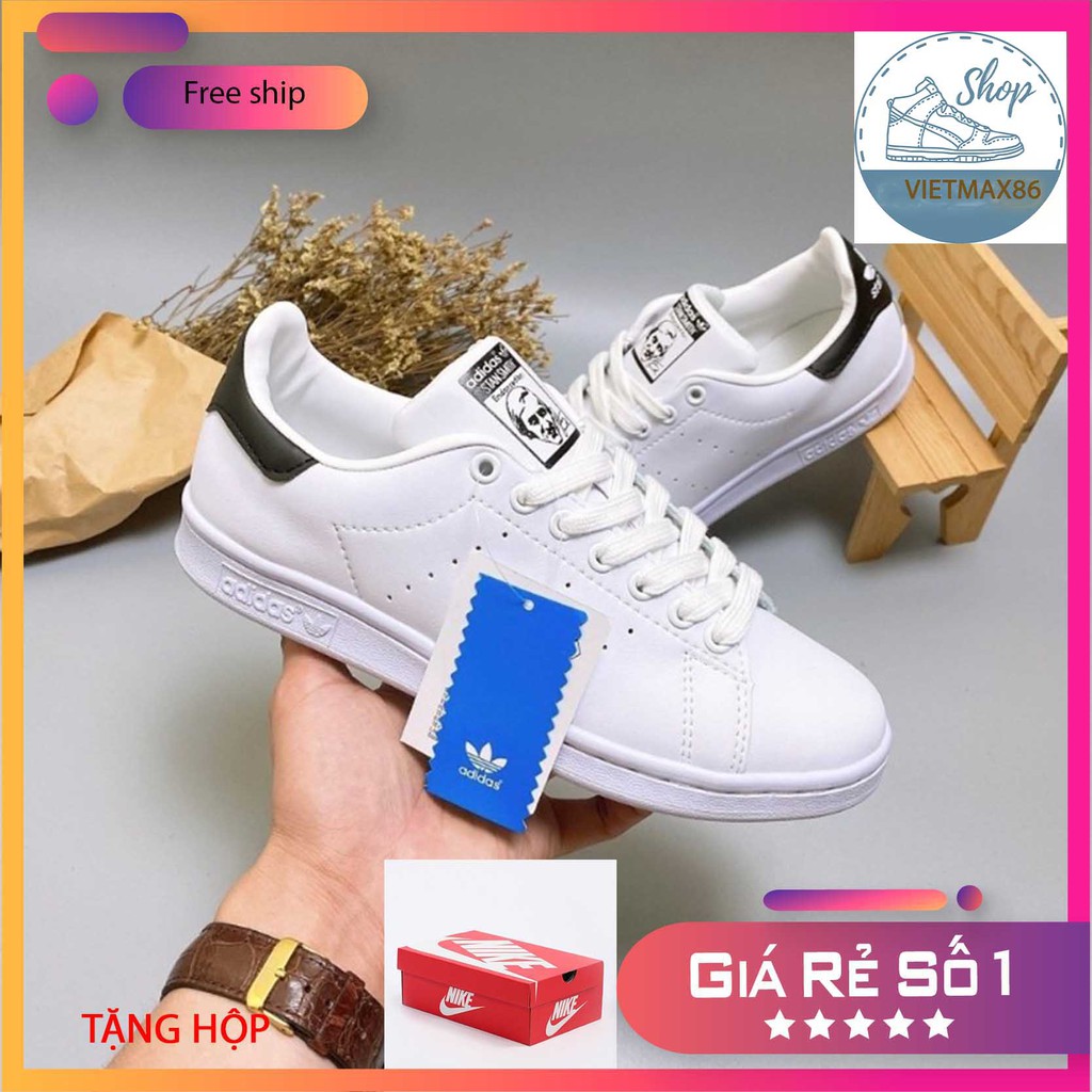 Giày thể thao stan smith trắng gót đen thời trang nam nữ tặng kèm bull box bill