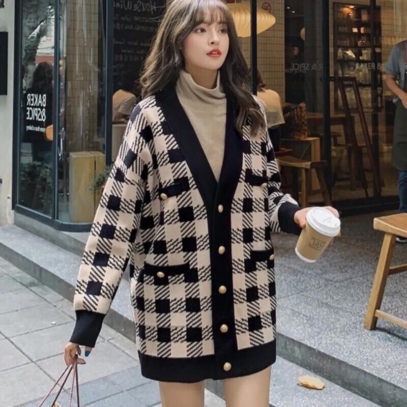 HÀNG CÓ SẴN_111. ÁO KHOÁC LEN CARDIGAN KẺ CARO DÁNG RỘNG SIÊU HOT TEEN