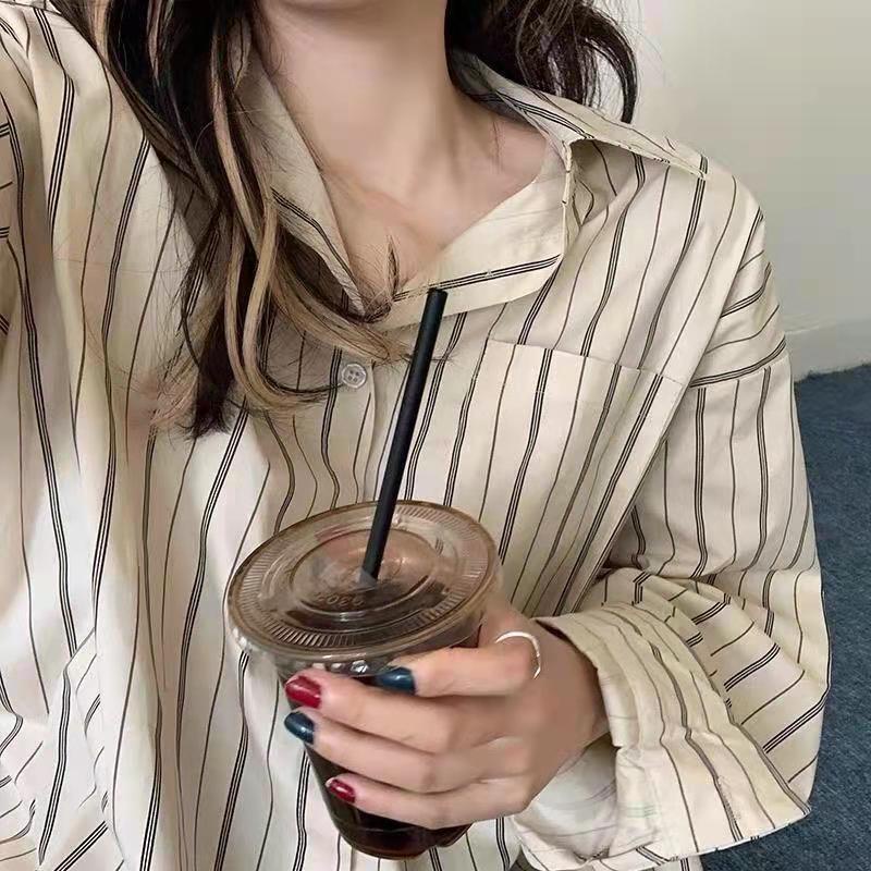 Xiaozhainv Áo sơ mi tay dài họa tiết kẻ sọc phong cách Hàn Quốc trẻ trung cho nữ