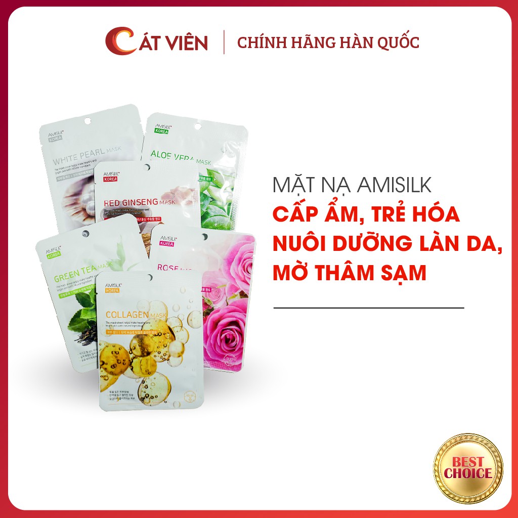 Mặt nạ cấp ấm dưỡng trắng Amisilk, chăm sóc da, mờ thâm sạm, ngăn ngừa mụn, chống lão hóa Hàn Quốc - Combo 10 miếng mix