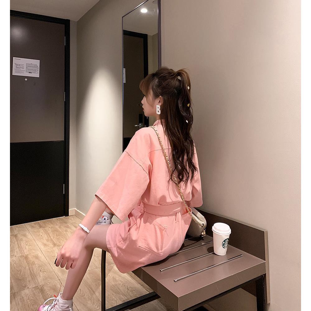 ❁۩❇Jumpsuit nữ 2021 chiên đường phố mùa hè mới retro phong cách Hồng Kông lỏng lẻo Hàn Quốc eo cao quần short nhỏ