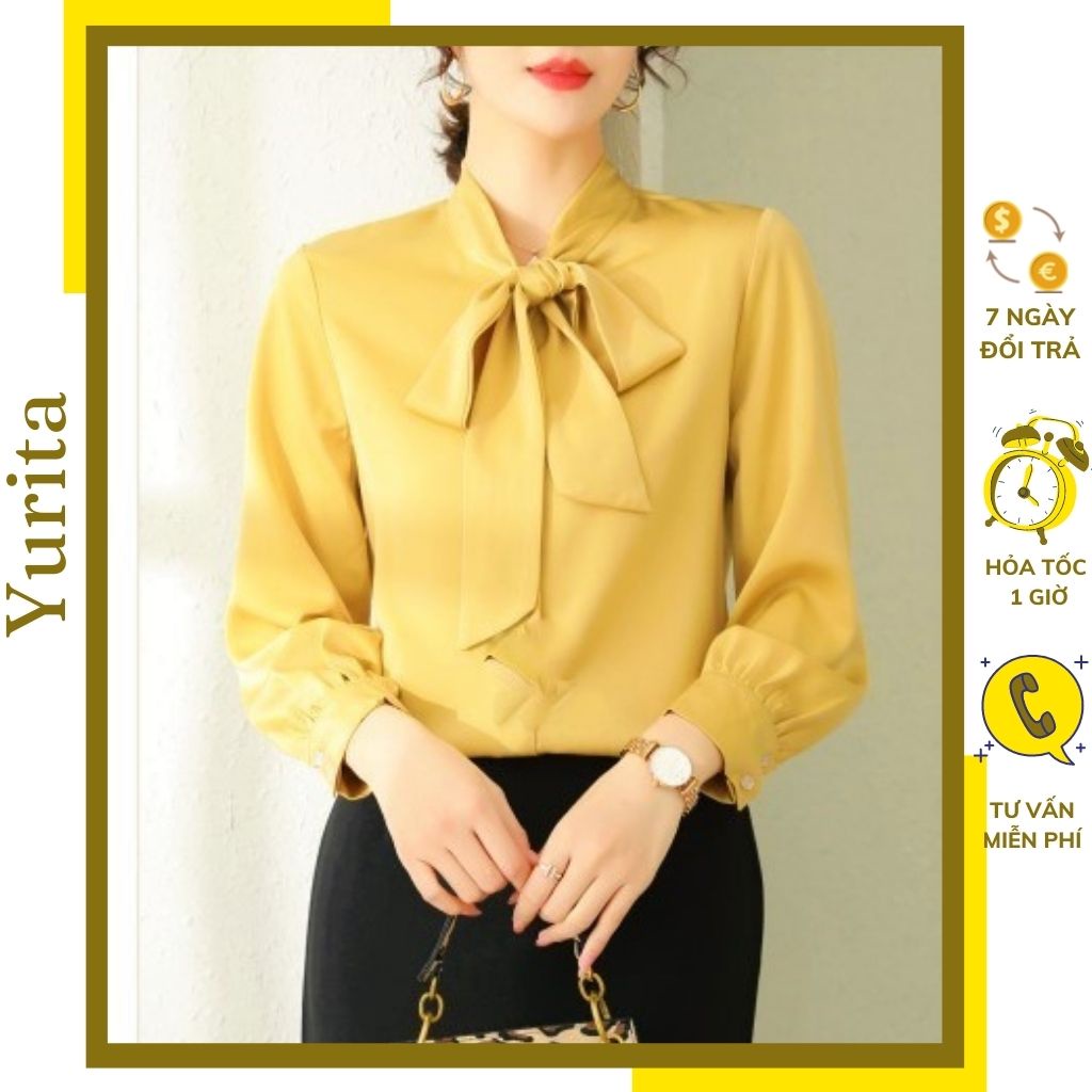 Áo Sơ Mi Kiểu Công Sở Đẹp YURITA Tay Dài Cổ Thắt Nơ Vàng Chất Lụa Cao Cấp From Rộng Hàn Quốc Ulzzang Vintage A1V