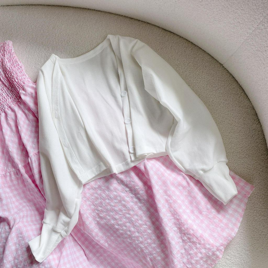 SET ĐẦM MAXI KẺ CARO HỒNG + KHOÁC CROPTOP TRẮNG