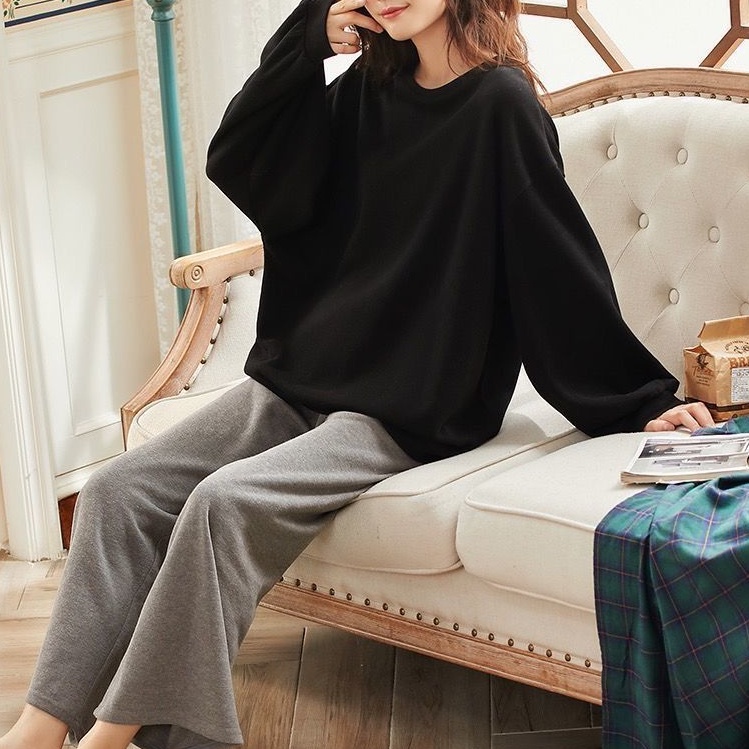 Bộ đồ ngủ tay dài dáng rộng phong cách Hàn Quốc màu trắng/đen thời trang xuân thu cho nữ | BigBuy360 - bigbuy360.vn