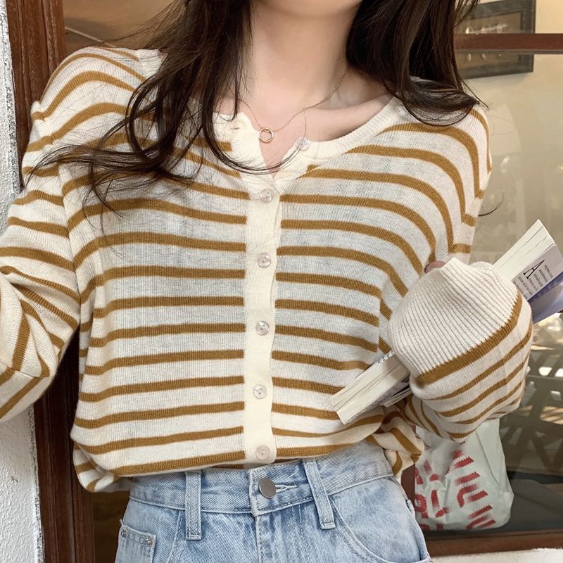 Áo cardigan BH mỏng tay dài kẻ sọc thời trang mùa thu 2022 cho nữ