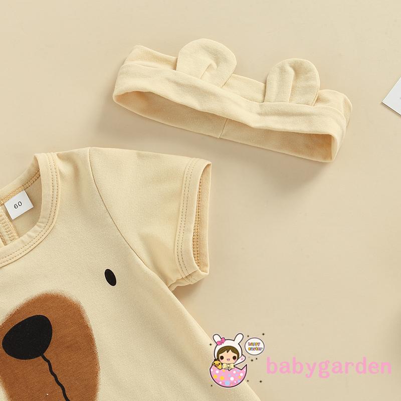 Bộ áo liền quần cổ tròn tay cộc in hình gấu hoạt hình + băng đô cho bé trai 0-18 tháng tuổi