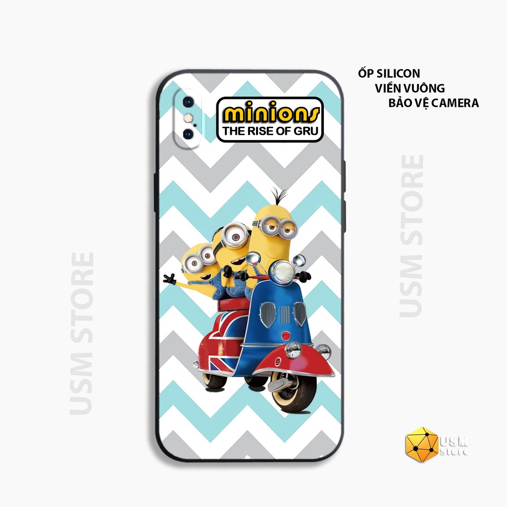 Ốp điện thoại iphone 6/6s/6plus/7/7plus/8/8plus/X/XS/XSmax/XR viền vuông có cạnh bảo vệ camera, hình Minions