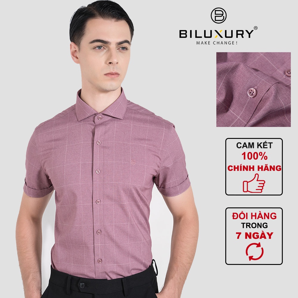 Áo sơ mi nam ngắn tay Biluxury kẻ caro màu hồng trẻ trung form chuẩn thanh lịch dễ kết hợp trang phục 4SMCC002HOG