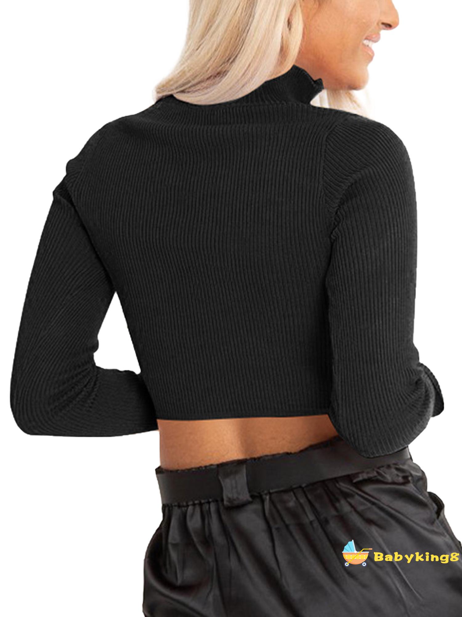 MICDROP-Women´s Rib Knit Crop Top Long Sleeve Stand Collar Zipper Front Slim Fit Solid Color Basic Tee Shirt